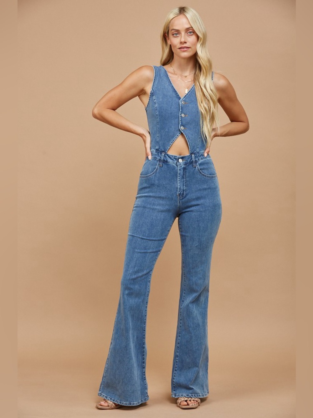🤠 Western Cut Out Bootcut Denim Jumpsuit | Cowgirl Chic Flare One Piece - Picture 2 of 7